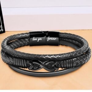 Men's Black Leather Bracelet with Infinity Charm